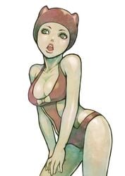 1girl 1girls animal_ears blush breasts chounorin cleavage daiya_higashikata eyelashes fake_animal_ears female green_eyes jojo's_bizarre_adventure jojolion light_blush lips medium_breasts one-piece_swimsuit open_mouth short_hair solo swimsuit