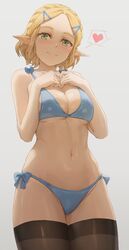 1girls bikini blonde blonde_hair blush breasts breath_of_the_wild cleavage cowboy_shot female female_only hands_on_chest heart looking_at_viewer nintendo princess_zelda smiling smiling_at_viewer solo stockings string_bikini tears_of_the_kingdom the_legend_of_zelda thighhighs underboob yohan1754 zelda_(tears_of_the_kingdom)