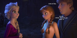 1boy 2girls 3d anna_(frozen) blonde_hair breasts disney elsa_(frozen) female frozen_(film) frozen_2 funny humor kristoff_(frozen) male nipples rastifan red_hair sisters