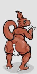 absurd_res anthro anus ass backsack balls big_balls big_butt digimon digimon_(species) genitals guilmon hi_res looking_at_viewer looking_back male male_only markings penis pompsadoodle presenting presenting_anus presenting_balls presenting_hindquarters raised_tail saggy_balls scalie smile smirk solo thick_thighs