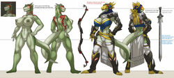 anthro argonian armor ass bethesda_softworks bow_(weapon) breasts clothed clothing english_text female genitals green_body headgear helmet hi_res horn link2004 melee_weapon model_sheet multicolored_body painting partially_clothed pussy ranged_weapon red_eyes scalie simple_background smile solo sword text the_elder_scrolls two_tone_body video_games weapon white_background xan-valeek_(kiala_tiagra)