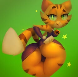 anthro ass big_ass blush breasts cat_starfire clothing dc dc_comics feline female furry glowing_eyes green_background green_eyes looking_at_viewer looking_back neozoa nz_naughty orange_fur sketch skirt skirt_lift smile solo starfire stripes tail teen_titans tiger vimhomeless wide_hips