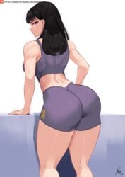 1girls 2020 ass black_hair booty_shorts breasts enen_no_shouboutai female female_only fire_force gym_uniform long_hair looking_at_viewer looking_back muscular_female oze_maki purple_eyes shorts smile solo sports_bra white_skin workout_clothes xhaart xhan-art