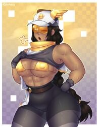 1girls big_breasts black_hair bra brawlhalla brown_hair cap clothed_female clothing female female_only first_porn_of_character glasses hat long_hair muscles scarf solo speedster sweat thea_(brawlhalla) thighs toldohorny yellow_eyes