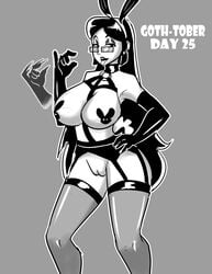 big_breasts bunny_ears fellatio_gesture glasses goth gothtober hands_on_hips inktober_2020 lingerie long_hair looking_at_viewer oral oral_insinuation oral_invitation original_character pussy tongue_out xxfujiwaraxx