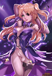 1futa arms_behind_head bare_shoulders blonde_hair breasts breasts_apart center_opening cowboy_shot elbow_gloves erection exlic eyepatch female fischl_(genshin_impact) futanari genshin_impact gloves green_eyes highres horny lips long_hair looking_at_viewer navel nose open_clothes patreon_username pink_neckwear purple_background single_thighhigh small_breasts smile solo solo_futa testicles thighhighs two_side_up uncensored