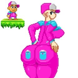 artist_signature backboob cap hat jumpsuit looking_at_viewer pink_jumpsuit pixel_art pixel_worlds scarlessmxxn subject_(pixel_worlds) thick_ass thick_thighs