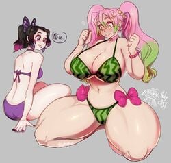 2girls ass bikini black_hair breasts butterfly_hair_ornament demon_slayer female female_only food_print gradient_hair green_hair heart heart-shaped_pupils highres huge_breasts iguro_obanai kanroji_mitsuri kimetsu_no_yaiba kneeling kochou_shinobu mole mole_under_eye multicolored_hair multiple_girls muscle muscular_female pink_hair ponytail purple_hair short_ponytail shounen_jump smile swimsuit symbol-shaped_pupils taller_female taller_girl thick_thighs thighs thunder_thighs tingtongten twintails watermelon_print