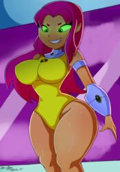 1girls already_uploaded big_breasts biting_lip breasts clothed clothed_female dalley_le_alpha edit female female_only female_superhero green_eyes hips incredible_quad legs leotard long_hair pink_hair signature solo solo_female solo_focus starfire sweatdrop sweating teen_titans teen_titans_go thick_thighs thighs tight_clothing tight_fit voluptuous wide_hips yellow_leotard young