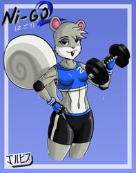 2020 agent_s_(animal_crossing) animal_crossing anthro black_eyes dumbbell exercise fanart female furry gray_fur jackintaro nintendo squirrel squirrel_girl