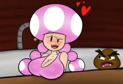 1girls 1other ambiguous_gender big_breasts blush bra breasts cleavage drunk fangs female female_focus goomba half-closed_eyes heart huge_breasts indoors looking_at_viewer mario_(series) nintendo open_mouth pink_bra smile toadette twygz