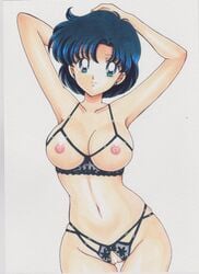 1girls ami_mizuno areolae arms_above_head arms_behind_head big_breasts bishoujo_senshi_sailor_moon blue_eyes blue_hair bra breasts censored earrings female female_only functionally_nude lingerie looking_at_viewer medium_breasts nipples panties pussy rascal_(n119) revealing_clothes short_hair smile solo solo_female solo_focus thighs underwear white_background