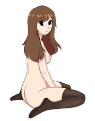 black_eyes breasts brown_hair emirichu female hikikomori looking_back no_shoes nude sideboob simple_background sitting small_ass small_breasts smile stockings stockings_only thighhighs youtube youtuber