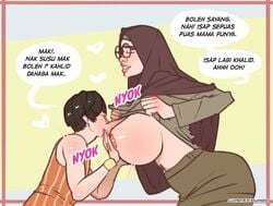 big_breasts bolapistarize breast_grab breastfeeding clothing glasses hijab lactation milf mother_and_son translated