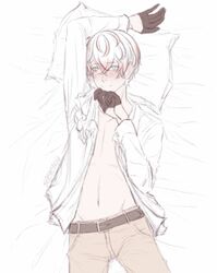 1boy blush embarrassed gloves half_clothed looking_at_viewer lying_on_back lying_on_bed male male_only mystic_messenger pants pillow ray_(mystic_messenger) saeran_choi sensetenou_(artist) shy smile solo_male unbuttoned_shirt white_hair