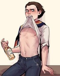 alcohol blue_eyes blush brown_hair chest femboy flustered gay holding holding_object holding_shirt humiliated humiliation lullindo male male_only nationbeingthing nbeingthing_romania nipples pants romania romanian_flag