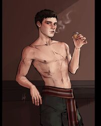 alcohol arms brown_eyes brown_hair chest cigarette green_pants holding_object lullindo male male_only nationbeingthing nbeingthing_serbia neck nipples pants scars serbia smoking