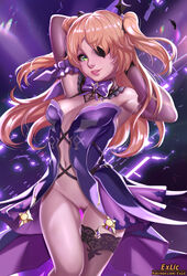 arms_behind_head bare_shoulders blonde_hair breasts breasts_apart center_opening cowboy_shot elbow_gloves exlic eyepatch female fischl_(genshin_impact) genshin_impact gloves green_eyes highres lips long_hair looking_at_viewer navel open_clothes patreon_username pink_neckwear purple_background pussy single_thighhigh small_breasts smile solo thigh_gap thighhighs two_side_up