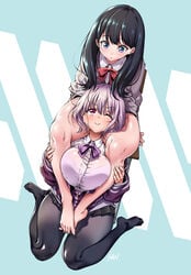 10s 2girls ;) barefoot between_legs between_thighs black_hair black_legwear black_skirt blue_eyes blush breasts cardigan chair collared_shirt fan_(f.w.zholic) feet head_between_thighs highres hood hoodie large_breasts leg_lock legs long_sleeves looking_at_another multiple_girls one_eye_closed open_clothes pantyhose pleated_skirt purple_eyes purple_hair red_neckwear school_uniform see-through shinjou_akane shirt sitting sitting_on_person skirt smile ssss.gridman takarada_rikka thick_thighs thighs