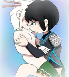 2girls beauty_mark black_hair blue_eyes chopsticks chopsticks_in_hair clothed clothed_female_nude_female clothed_sex female female/female female_focus female_on_top female_only functionally_nude harumi_(ninjago) lego licking multiple_girls ninjago ninjargon_(ninjago_alphabet) nude_female nya_(ninjago) princess_harumi_(ninjago) roomi_arts sons_of_garmadon_(ninjago) tagme thighhighs white_hair yuri