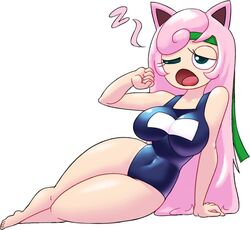 1girls animal_ears female gijinka headband humanized humanized_pokemon jigglypuff jigglypuff_girl large_breasts minus8 nintendo one-piece_swimsuit open_mouth pink_hair pokemon pokemon_(species) solo solo_female super_smash_bros. swimsuit thick_thighs wide_hips yawning