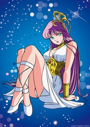 1girls athena_(saint_seiya) big_breasts breasts dress fanservice female female_only goddess green_eyes heels high_heels locofuria long_dress long_hair looking_at_viewer nipple_bulge outer_space purple_hair saint_seiya saori_kido shounen_jump solo space white_heels