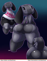 2020 absurd_res animate_inanimate anthro ass balls big_balls big_butt big_penis bulge canid clothing femboy genitals girly hi_res huge_balls huge_cock looking_at_viewer looking_back maehdoggie male mammal nintendo nintendo_switch nude penis shorts solo sweater switch_dog text url video_games