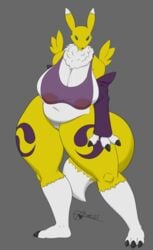 3_fingers 3_toes absurd_res anthro armwear big_breasts black_sclera breasts chest_tuft cleavage clothed clothing digimon digimon_(species) elbow_gloves feet female fingers furiquarter genitals gloves handwear hi_res nipples overweight pussy renamon shirt solo tank_top thick_thighs toes topwear tuft