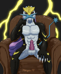 2020 abs animal_genitalia animal_penis anthro anthrofied armchair balls bara black_body black_fur chair claws digital_media_(artwork) erection fan_character fangs felid fur furniture genitals hi_res legendary_pokémon looking_at_viewer male male_only mammal markings nintendo nude penile_spines penis pokémon_(species) pokemon raikou red_eyes sabertooth_(anatomy) simple_background sitting solo t-ace_juice thunder video_games white_body white_fur yellow_markings