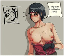 1girls against_wall areolae bare_shoulders black_eyes black_hair blush breasts convention female forehead_protector gloves headband horny implied_sex indrockz kurotsuchi listening naruto naruto_(series) naruto_shippuden nipples offscreen_character source_request sweat sweatdrop undressing unzipped upper_body