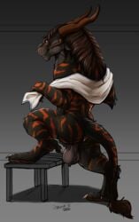 absurd_res animal_genitalia anthro anus ass balls black_body black_fur brown_hair charr claws danero felid fur furniture genitals guild_wars hair hi_res horn looking_at_viewer male male_only mammal nude penis penis_tip presenting red_body red_fur sheath simple_background smile solo striped_body striped_fur stripes tail_tuft teasing towel tuft video_games