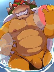 2020 3:4 anthro blush bowser clothing genitals hi_res kemono koopa male male_only mario_(series) musclegut nintendo nipples outside penis scalie solo swimwear video_games water wet yoshizaurusu_n