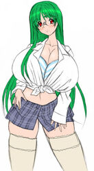 1girls beauty_mark blush bra bra_cups_sticking_out breasts cleavage clothed clothed_female collarbone eyebrows_visible_through_hair eyewear female female_only front-tie_top glasses green_hair huge_breasts kloah long_hair miniskirt mole original original_character otsuka_ren plaid plaid_skirt red_eyes skirt smile solo solo_female striped striped_bra thighhighs tied_shirt very_long_hair white_shirt