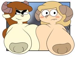 2girls anthro blonde_hair blush breast_squish breasts brown_hair busty cartoon_network chi_chi's_mom chun-ni female female_focus frame furry goat horns large_breast milf miracle_star mother neuwolfram/newtungsten nipples squish squishing tan_fur the_amazing_world_of_gumball