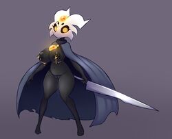 anthro areola arthropod big_breasts black_body black_skin bodily_fluids clothing corruption fan_character female genitals hi_res holding_object holding_weapon hollow_knight lactating_honey lactation mask metachoke nail_(weapon) nipples non-mammal_breasts orange_eyes pussy simple_background slightly_chubby solo standing team_cherry thick_thighs unusual_lactation vessel_(species) video_games weapon