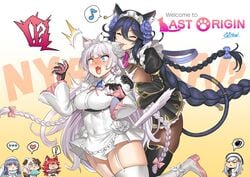 :3 big_breasts biting_ear black_lilith_(last_origin) blush braided_hair cat_ears cat_tail cs_perrault cute_fang dark_hair fang feline female fenrir_(last_origin) garter_straps hachiko_(last_origin) hachiko_of_castling hair_ornament heterochromia last_origin maid_headdress obui pantyhose poi_(last_origin) snow_feather_(last_origin) surprised thick_thighs thighhighs white_hair