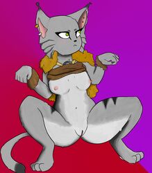 agigator anthro bethesda_softworks breasts clothed clothing clothing_lift felid female genitals hi_res khajiit kneeling mammal pouting pussy solo the_elder_scrolls video_games