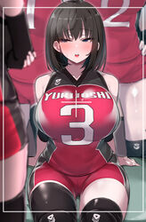 4girls absurdres bangs bare_shoulders big_breasts black_clothing black_hair black_outfit black_shirt black_shorts blue_eyes blush breasts camera_view elbow_pads female female_focus female_only highres hourglass_figure huge_breasts large_breasts mitsudoue multiple_girls open_mouth original parted_lips plump red_clothing red_outfit red_shirt red_shorts shirt short_hair sitting solo_focus sportswear sweat thick_thighs thighs volleyball_shorts volleyball_uniform