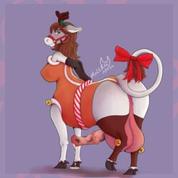 1:1 1futa ambiguous_gender animal_genitalia animal_penis anthro anthro_on_taur balls bell big_balls big_penis bodily_fluids bondage bound breasts brown_hair christmas clothed clothing cum equid equid_taur equine equine_penis equine_taur erection fur futanari genital_fluids genitals grey_body grey_fur hair holidays horn huge_balls huge_cock intersex malekart mammal mammal_taur penis simple_background solo taur