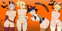 4girls anal_insertion anal_tail animal_ears arched_back ass ass_visible_through_thighs black_clover blonde_hair blue_eyes bunny_ears bunny_tail covered_navel crossover demon demon_girl demon_horns demon_tail dr.stone elizabeth_liones enen_no_shouboutai female_only females_only fire_force green_eyes hair_over_one_eye halloween halloween_costume kohaku_(dr.stone) long_hair looking_back mandio_art multiple_girls mummy mummy_costume nanatsu_no_taizai navel nipples no_bra no_panties noelle_silva nude one_eye_closed one_eye_covered panties panties_down pink_eyes presenting_ass presenting_hindquarters presenting_pussy pubic_hair pussy short_hair shounen_jump sister_iris_(fire_force) smile succubus underwear upskirt white_hair wide_hips wide_thighs witch witch_hat