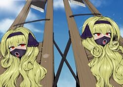 2girls ameng blonde_hair bondage femsub gag gagged guillotine large_breasts multiple_girls multiple_subs open_mouth_gag original peril pillory rape red_eyes ribbons stationary_restraints tagme