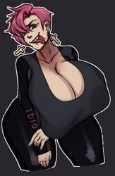 1girls arm_under_breasts big_breasts big_tongue cleavage cross_earrings drool eigaka female gigantic_breasts huge_breasts huge_nipples long_sleeves long_tongue nell_(eigaka) nipple_bulge piercing pink_hair sharp_teeth short_hair smiling spiky_hair thick_thighs tongue_out tongue_piercing wide_hips