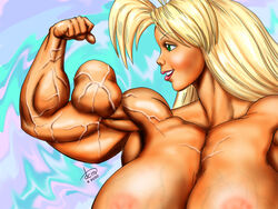 areolae biceps big_breasts blonde_hair breasts breasts_bigger_than_head dcmatthews female_only flexing flexing_bicep green_eyes huge_breasts hyper_breasts large_breasts looking_to_the_side massive_breasts nipples nude nude_female psychedelic signature solo_female tanned_skin tetsuko topless topless_female upper_body vascular veiny veiny_breasts