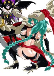 2011 2girls amazon amazonian aqua_hair armor ass backboob bare_shoulders bat_print black_hair blue_eyes braid braided_hair breasts butt_crack curvy demon_girl digimon digimon_(species) digimon_xros_wars eyeshadow from_behind gattai_lilithmon gloves green_hair helmet high_heels highres horns large_breasts lilithmon lipstick long_hair makeup mervamon panties seven_great_demon_lords shoes sideboob simple_background smile snake straight straw_(yokubou_hiroba) underwear very_long_hair weapon wings wink yellow_eyes