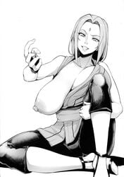 1girls areolae bangs bent_knee big_breasts breasts clothed facial_mark female female_only forehead_mark holding_leg large_breasts lips long_hair looking_at_viewer makeup monochrome naruto naruto_(series) naruto_shippuden nipples one_breast_out sian sitting smile spread_legs tsunade white_background