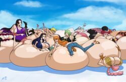 ass_cleavage axel-rosered belly belly_button belly_expansion belly_grab belly_rub boa_hancock butt_crack camie embarrassed expansion fat female female_only giant_belly helpless hyper_belly immobile inflation jewelry_bonney koala_(one_piece) kuja_tribe marguerite multiple_girls nami nefertari_vivi nico_robin nojiko obese obese_female one_piece perona post-timeskip rebecca_(one_piece) shocked tashigi