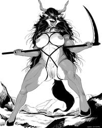 aggressive anthro anus aoino_broome areola big_areola big_breasts big_nipples breasts canid canine collar curvy_figure demon detailed_background female fur furry genitals hair hi_res hooves horn long_hair looking_at_viewer mammal mature_female melee_weapon monochrome mostly_nude multicolored_body multicolored_fur muscular muscular_anthro muscular_female nipples outside pentagram polearm pubic_tattoo puffy_areola pussy scythe sharp_teeth solo teeth tongue tongue_out two_tone_body two_tone_fur voluptuous weapon wide_hips