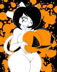 2020 absurd_res anthro big_breasts black_hair bodypaint breast_jiggle breast_squish breasts domestic_cat ear_piercing eyebrow_piercing eyeliner facial_piercing felid feline felis female food fruit fur genitals goth hair halloween hand_on_breast hi_res holding_breast holidays huge_breasts jack-o'-lantern makeup mammal natalee_(xmetalhusky) navel navel_piercing nipples nude paint_splatter piercing plant pumpkin pumpkin_boobs pussy simple_background solo squish white_body white_fur wide_hips xmetalhusky