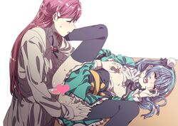 1futa 1girls blue_hair censored clenched_teeth clothed clothing dubious_consent duo ecoman eyes_closed female futa_on_female futa_with_female futanari heart heart_censor human legs_up love_live! love_live!_sunshine!! mostly_clothed nipple_tweak pale_skin red_hair sex simple_background spread_legs table tears thighhighs vaginal_penetration white_background