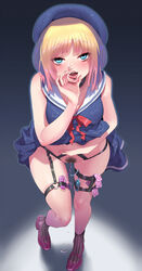 aya-chan_(smoke) blonde_hair blush clothed_masturbation clothing commentary_request condom_packet_strip condom_wrapper dress dress_lift female highres looking_at_viewer masturbation original pubic_hair pussy_juice sex_toy sexually_suggestive smoke_(flyx21) solo tongue tongue_out vibrator vibrator_in_thigh_strap